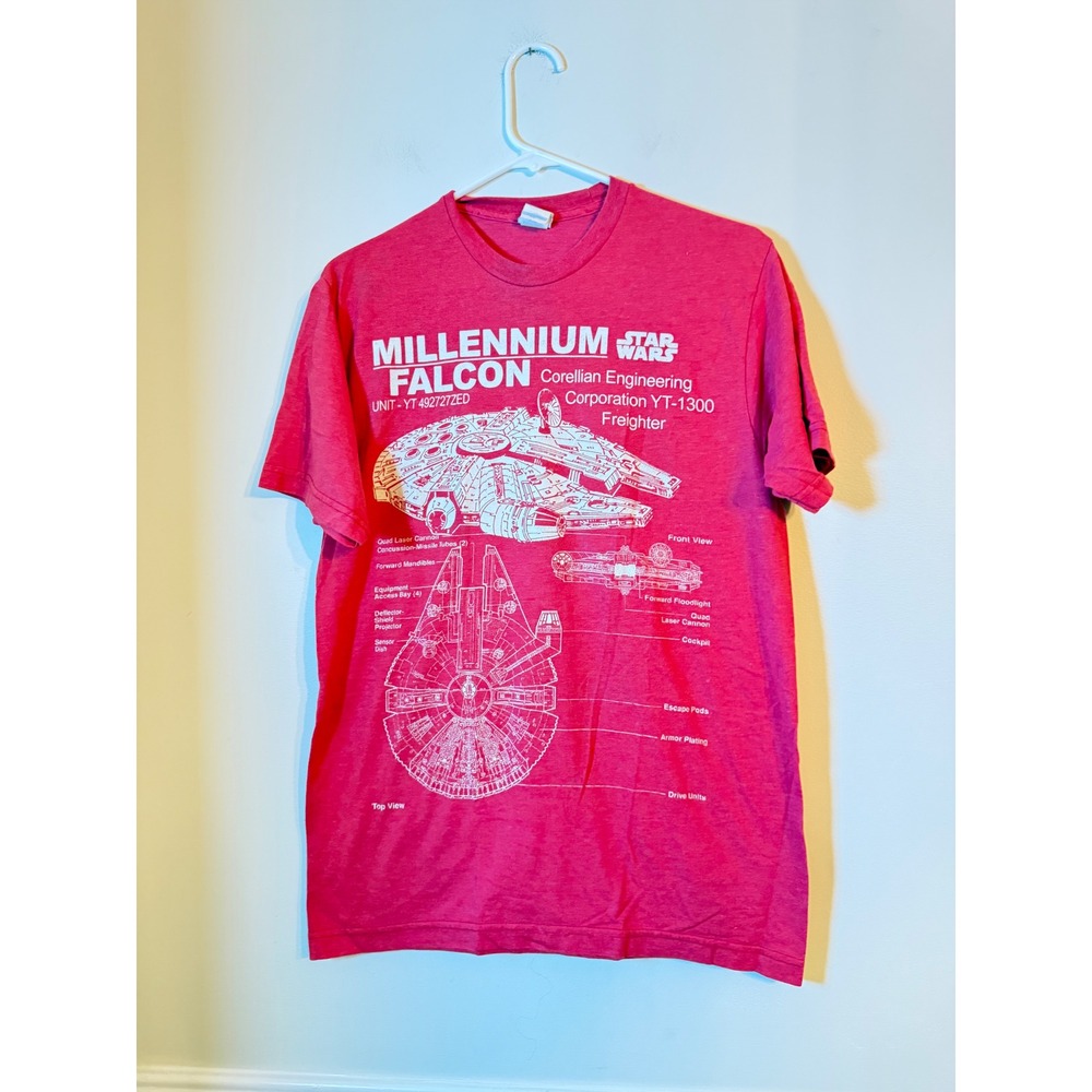 Star Wars T-Shirt Mens Medium Millennium Falcon Blueprint Red Graphic Tee